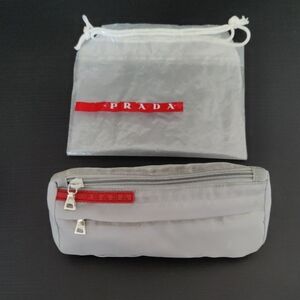 Prada Gray and Red Cosmetic Toiletry Bag